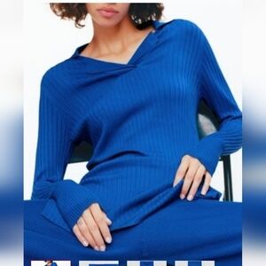 ZARA | Ribbed Tunic Top Polo Collar Royal Blue Sz M